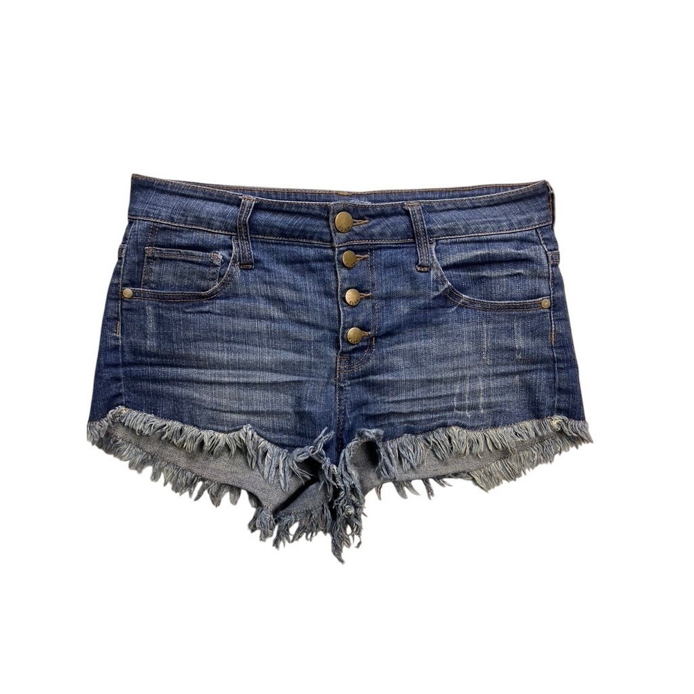 Elan‎ Denim Shorts Women Large Blue Button Fly Frayed Hem JE3020B Festival
